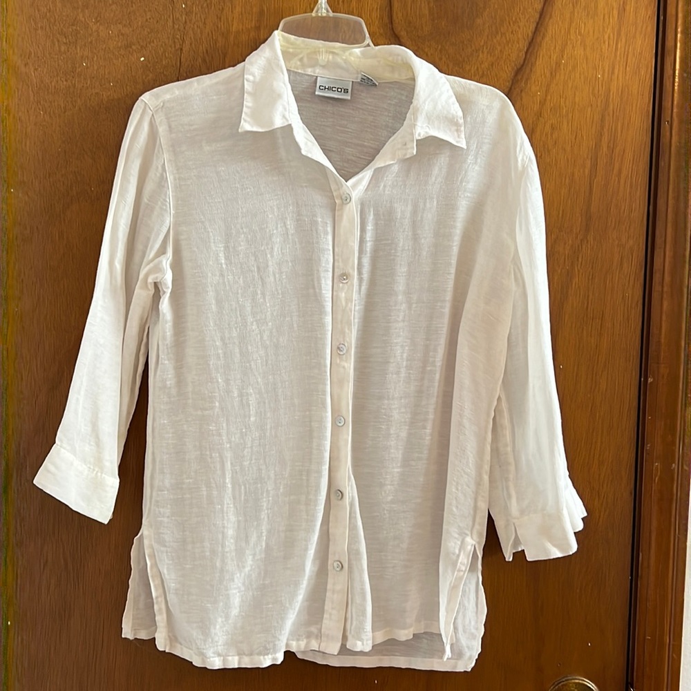 🌞 Chico’s sheer silk linen blend white button up collar blouse women jr size 1